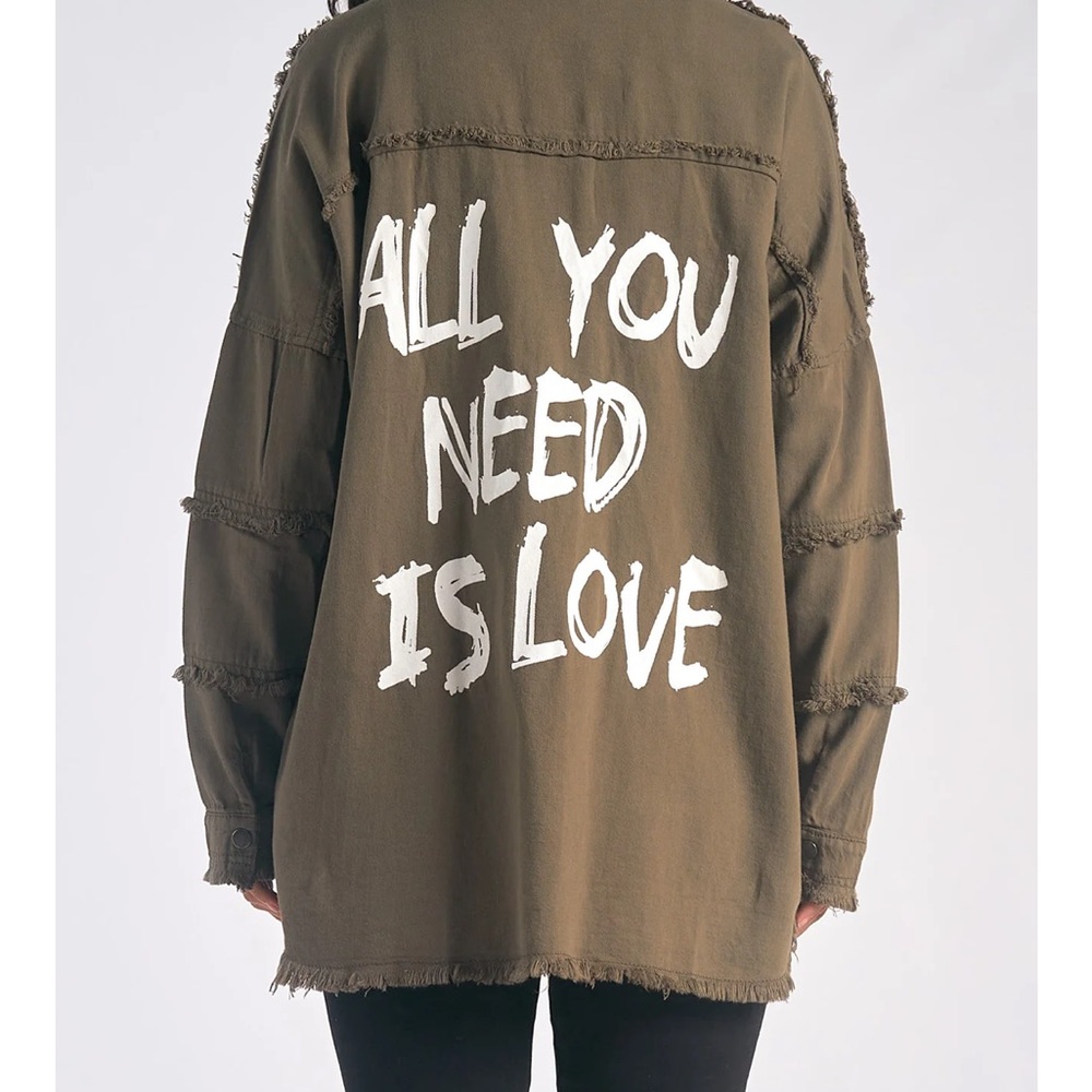Women’s Olive Green Graphic Long Jacket - All You Need Is Love - Picture 7 of 10